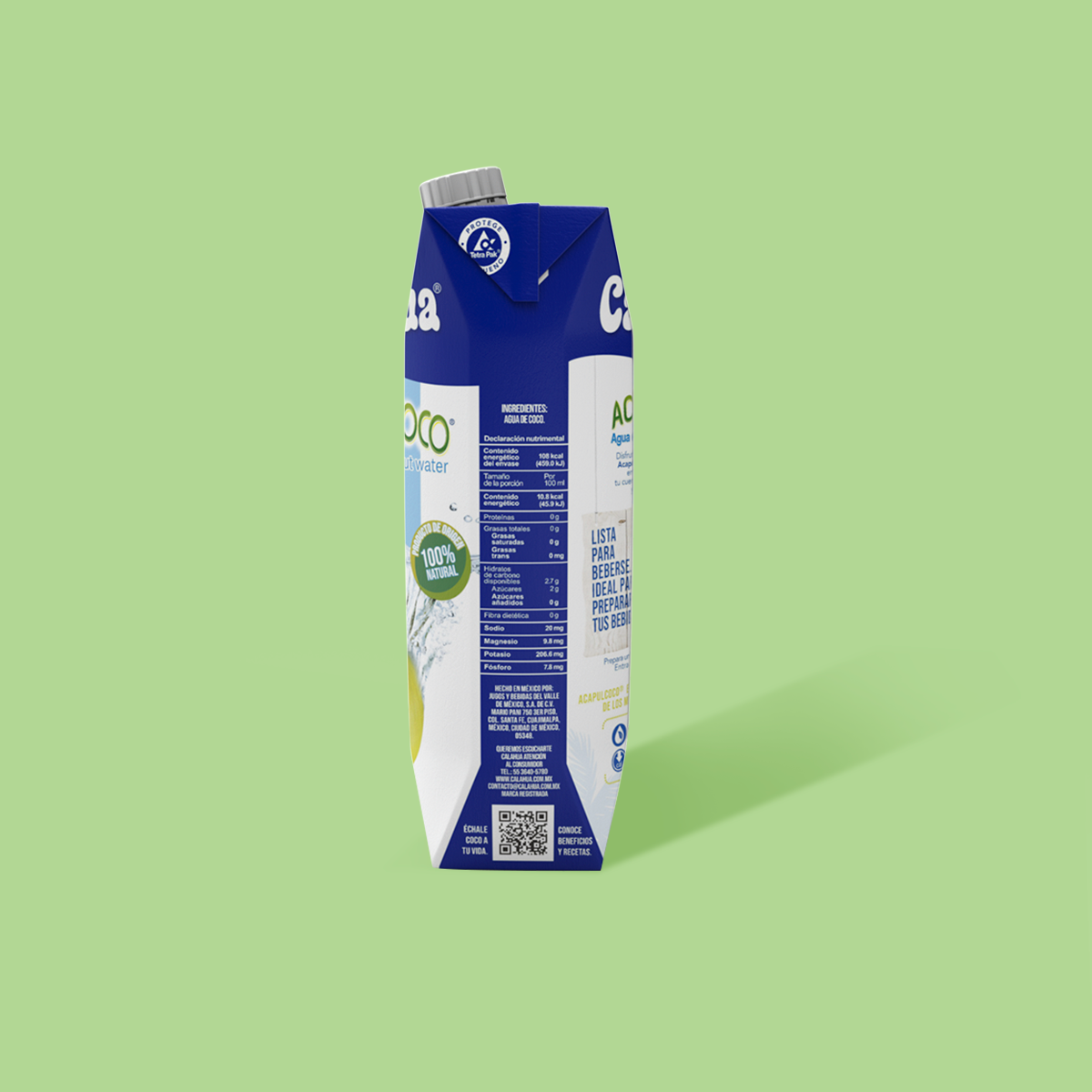 Agua de Coco Natural, Tetra Prisma de 1 litro lateral