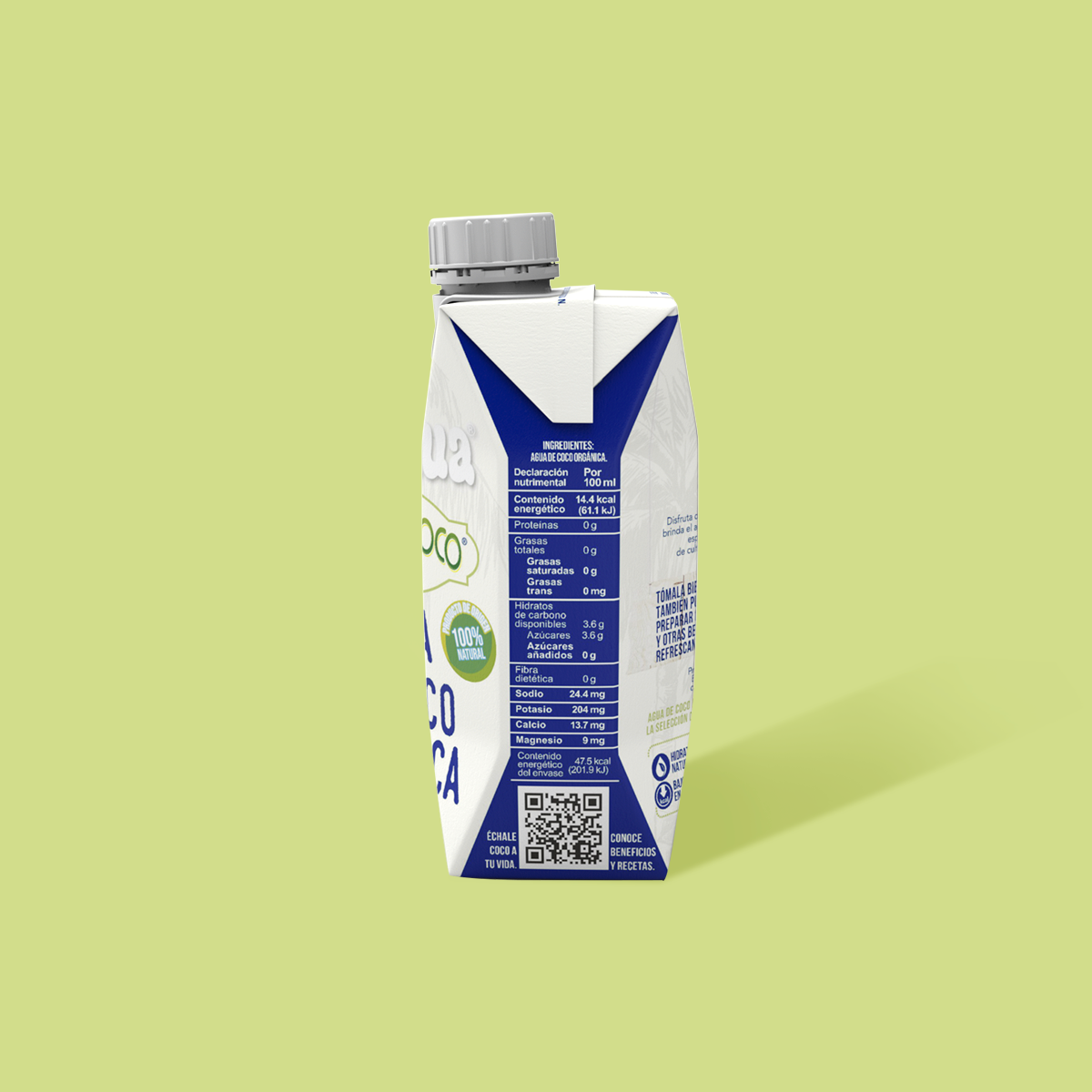 Agua de Coco Orgánica, Tetra Prisma de 330 ml. lateral